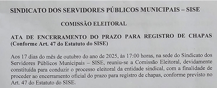 ELEICÕES SINDICAIS SISE – ATA DE ENCERRAMENTO DE PRAZO PARA REGISTRO DE CHAPAS