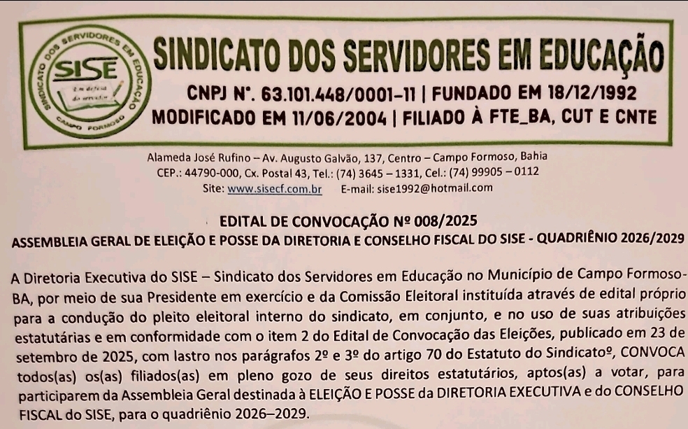 CONVOCAÇÃO PARA A ASSEMBLEIA GERAL DAS ELEIÇÕES SINDICAIS DA DIRETORIA EXECUTIVA E CONSELHO FISCAL DO SISE – QUADRIÊNIO 2026-2029